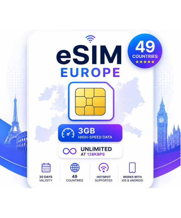 eSIM Europe - 3GB High-Speed, Then Unlimited Data at 128kbps valid for 30 Days Android Key EUROPE